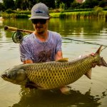 Grass carp in the hands of a fisherman wearing glasses