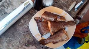 Trout smoked in a cauldron on dried leaves