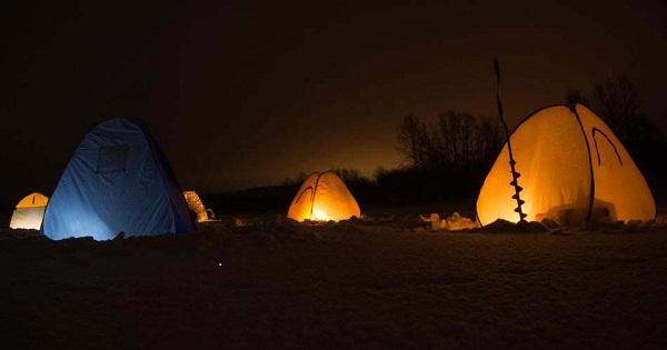 at night in a tent