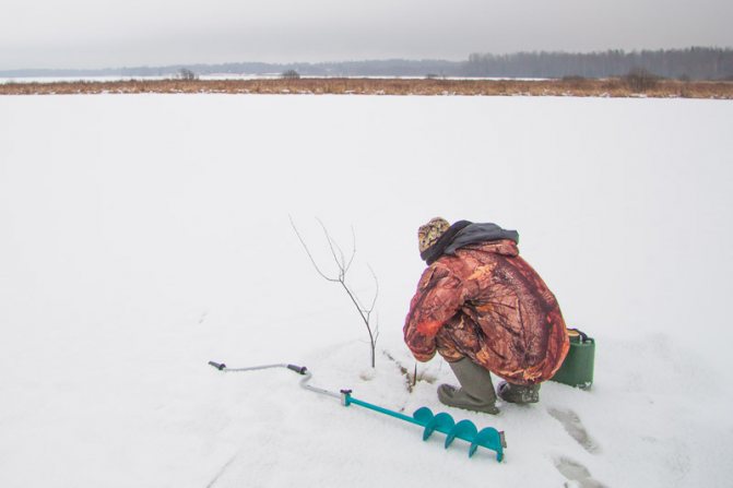 Рыболов ловит рыбу на льду