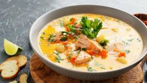 Creamy soup with salmon