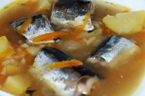 Saury soup with rice and potatoes