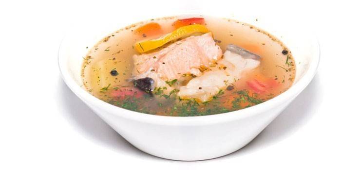 Salmon and pike perch soup in a plate