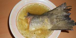 Fish soup in a plate and salmon tail